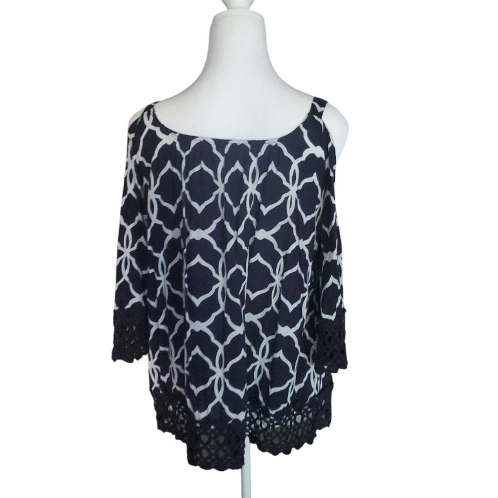 Crown & Ivy Blue and White Off the Shoulder Blouse